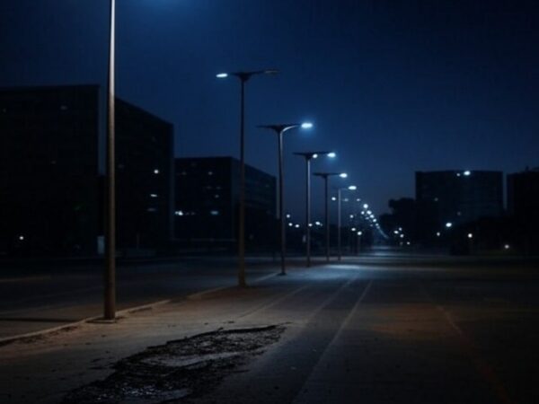 Parada de ônibus mal iluminada em Brasília, destacando negligência e riscos a pedestres no Distrito Federal.