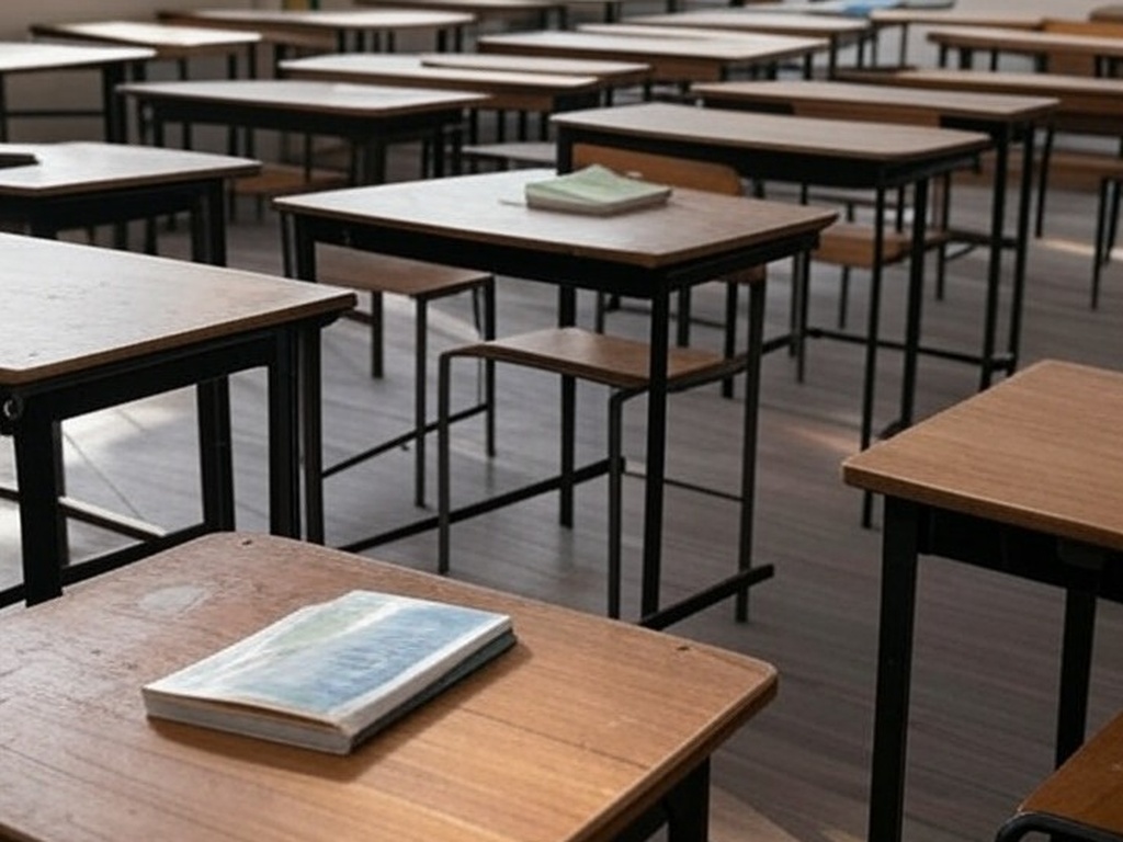 Sala de aula vazia em escola pública brasileira com carteiras antigas e quadro negro, representando reajuste no piso de professores.