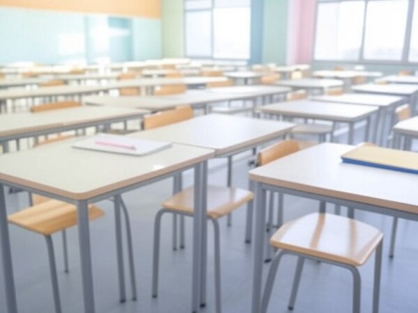 Materiais escolares sobre mesa em sala de aula de escola em Brasília, representando depósito no Cartão Material Escolar para alunos.