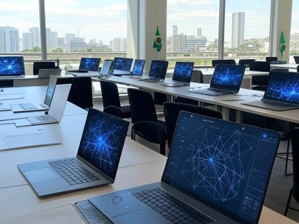 Sala de oficinas gratuitas de IA do Projeto Brasil.IA em Brasília, com equipamentos tecnológicos e vista da arquitetura local.