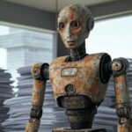 Robô abandonado em escritório governamental de Brasília, representando críticas à lei de robótica no DF por falta de implementação e financiamento.