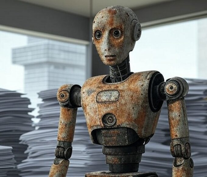 Robô abandonado em escritório governamental de Brasília, representando críticas à lei de robótica no DF por falta de implementação e financiamento.