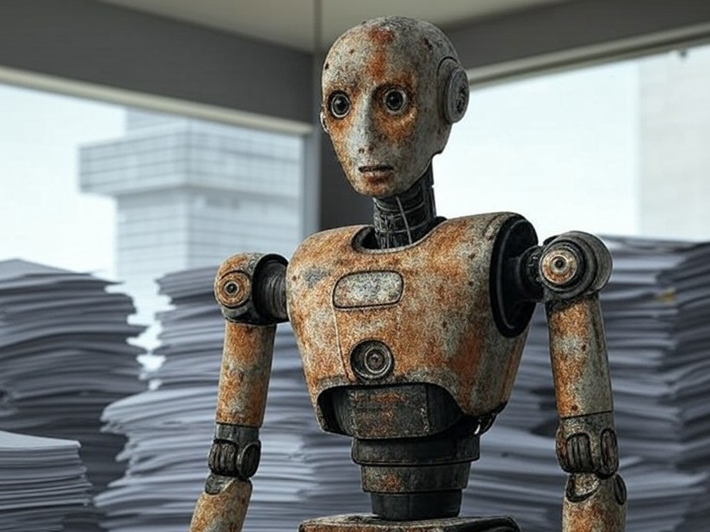 Robô abandonado em escritório governamental de Brasília, representando críticas à lei de robótica no DF por falta de implementação e financiamento.