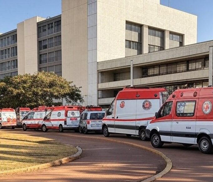 Fachada da UPA do Riacho Fundo II com ambulâncias estacionadas, indicando sobrecarga no DF.