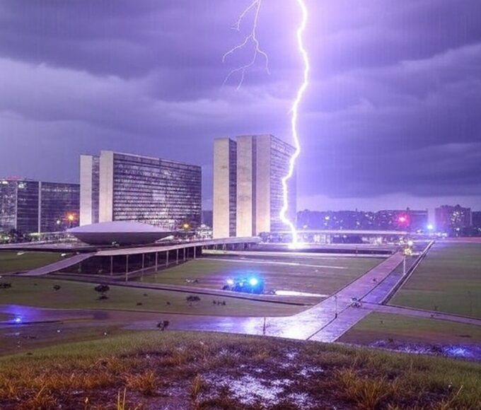 Tempestade com raio em Brasília atingindo área perto da Esplanada dos Ministérios, causando hospitalizações em apoiadores.
