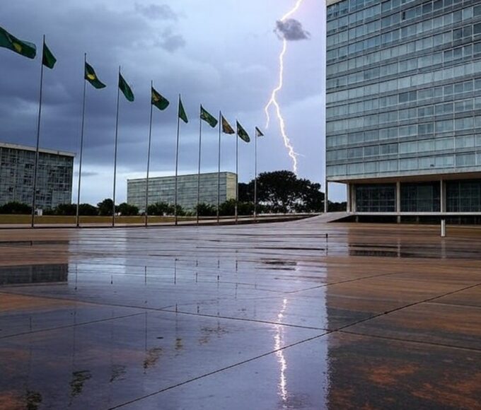 Temporal com raio sobre manifestação em Brasília, Esplanada dos Ministérios sob chuva forte e bandeiras verde-amarelas.