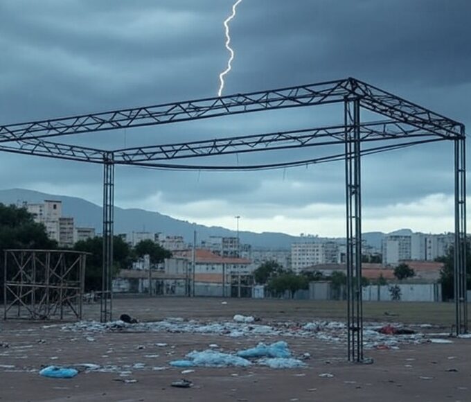 Estrutura de evento em BH atingida por raio durante tempestade, causando pânico.