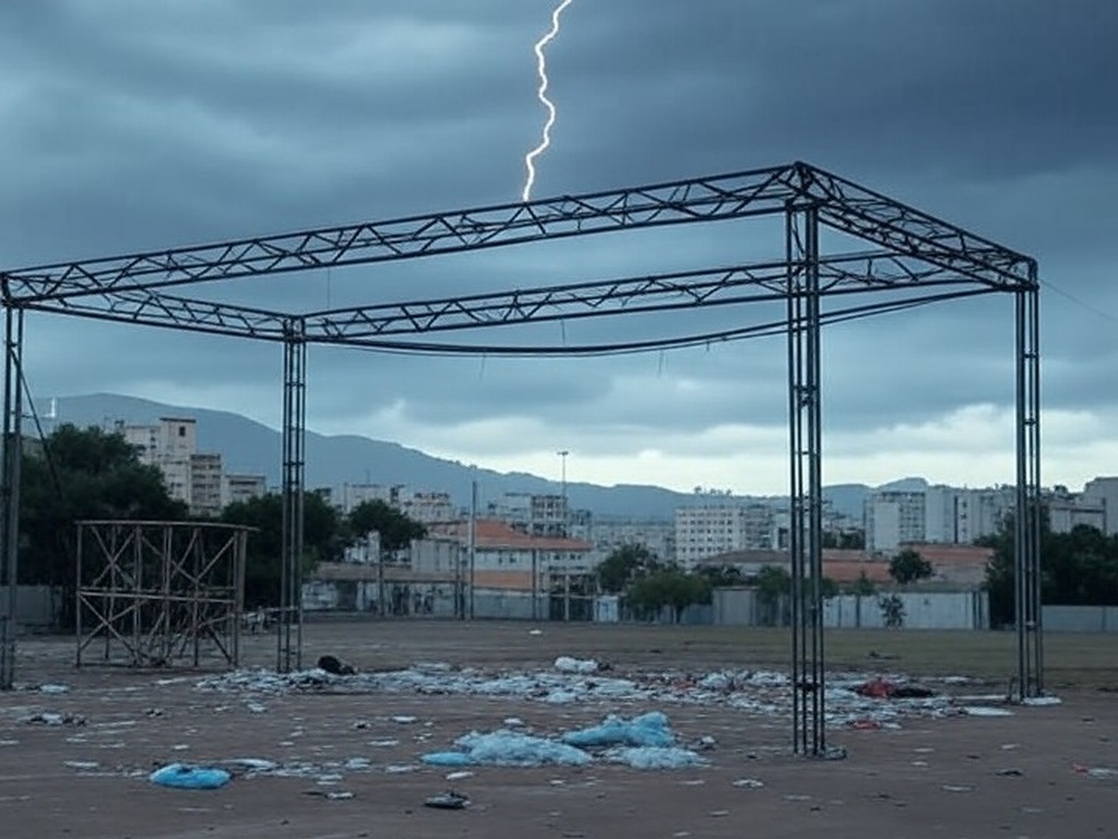 Estrutura de evento em BH atingida por raio durante tempestade, causando pânico.