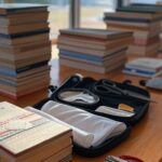 Edifício da CLDF em Brasília com documentos de concursos e kit de primeiros socorros, ilustrando nova lei burocrática.