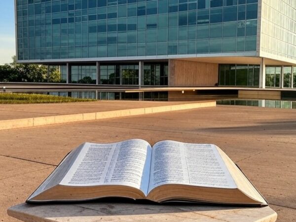 Bíblia aberta em pedestal na Câmara Legislativa de Brasília, representando elevação a patrimônio cultural ignorando diversidade.