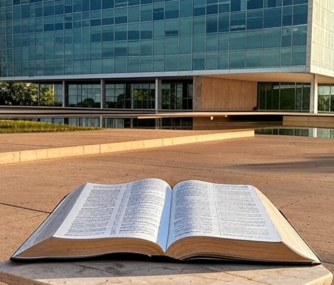 Bíblia aberta em pedestal na Câmara Legislativa de Brasília, representando elevação a patrimônio cultural ignorando diversidade.