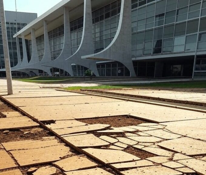 Calçada quebrada e escadas sem rampa em prédio governamental de Brasília, expondo negligência em acessibilidade para deficientes e autistas no DF.
