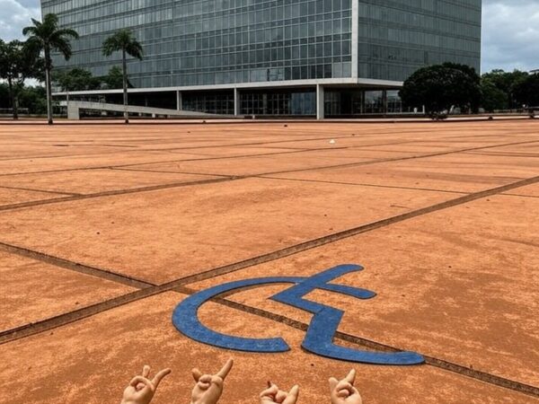 Edifício da CLDF em Brasília com símbolo de Libras abandonado, representando atraso e negligência no reconhecimento da língua de sinais.