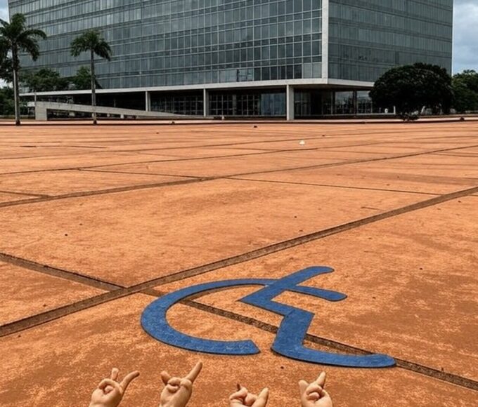 Edifício da CLDF em Brasília com símbolo de Libras abandonado, representando atraso e negligência no reconhecimento da língua de sinais.