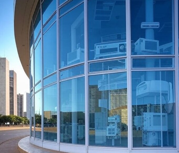 Hospital moderno em Brasília, representando cirurgia de catarata do presidente Lula.