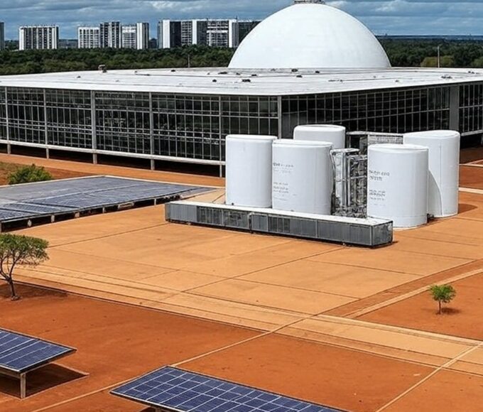 Fachada da Câmara Legislativa do DF em Brasília com elementos de hidrogênio e painéis solares sob céu nublado, destacando críticas ambientais.