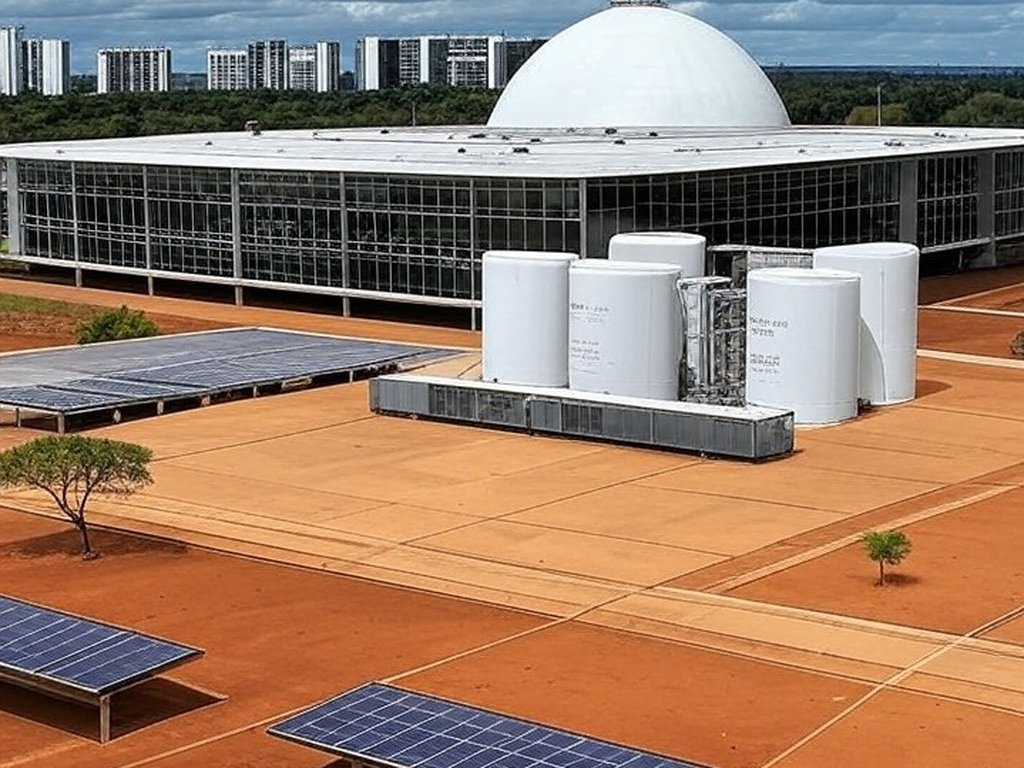 Fachada da Câmara Legislativa do DF em Brasília com elementos de hidrogênio e painéis solares sob céu nublado, destacando críticas ambientais.
