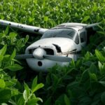 Avião pequeno caído em plantação de soja no Distrito Federal após pouso forçado.
