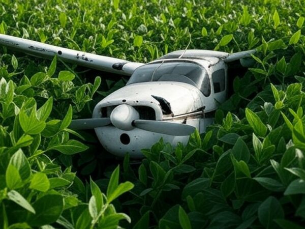 Avião pequeno caído em plantação de soja no Distrito Federal após pouso forçado.