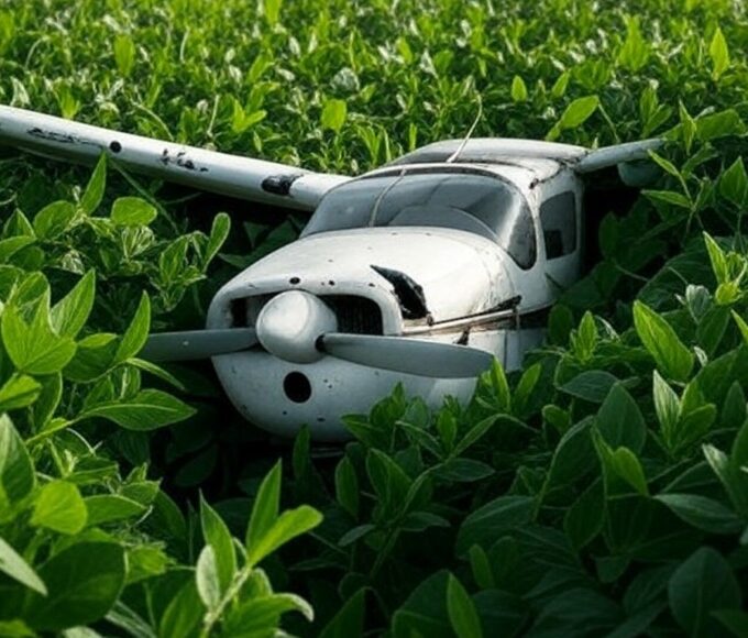 Avião pequeno caído em plantação de soja no Distrito Federal após pouso forçado.