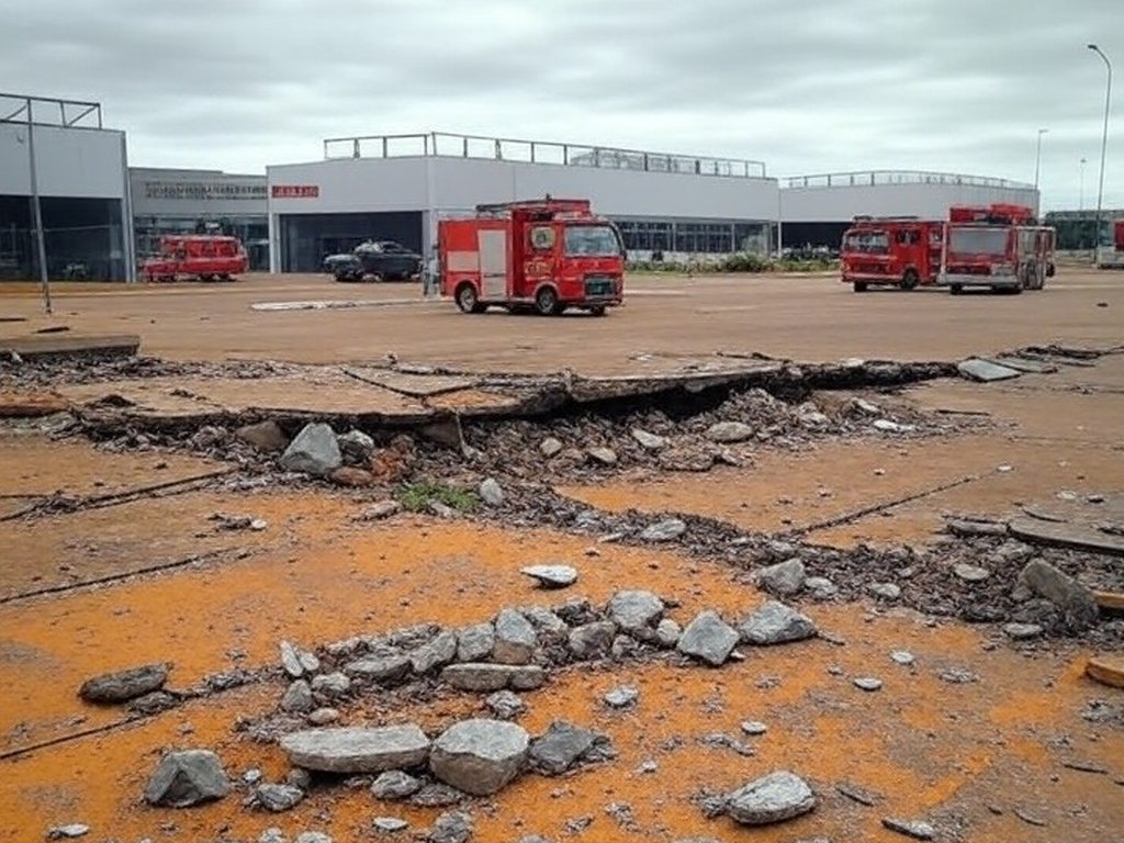 Desabamento de parede em centro comercial de Sobradinho II, com escombros e viaturas de emergência, deixando dois feridos.