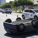 Cena de acidente com carro capotado em avenida de Águas Claras, DF, representando capotagens que deixaram feridos em Águas Claras e Sobradinho.