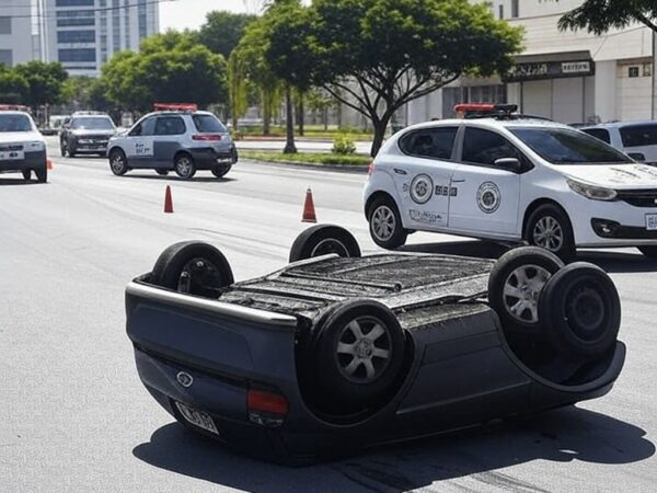 Cena de acidente com carro capotado em avenida de Águas Claras, DF, representando capotagens que deixaram feridos em Águas Claras e Sobradinho.