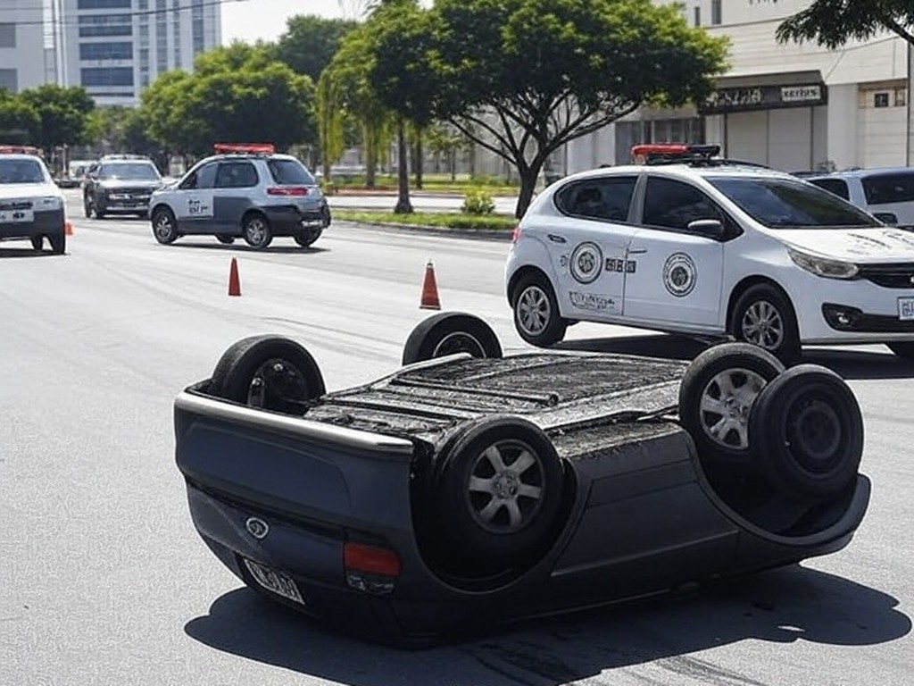 Cena de acidente com carro capotado em avenida de Águas Claras, DF, representando capotagens que deixaram feridos em Águas Claras e Sobradinho.