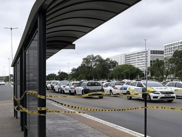 Parada de ônibus no Distrito Federal com fita de isolamento policial e viaturas, cena de investigação em Brasília.