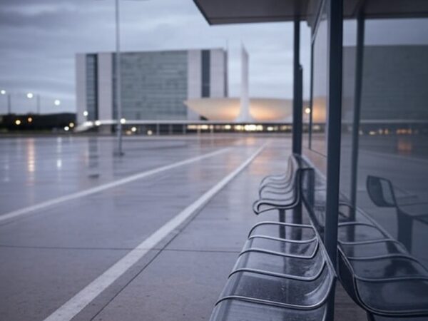 Parada de ônibus vazia em Brasília, DF, com arquitetura icônica ao fundo, representando cena de tragédia urbana.