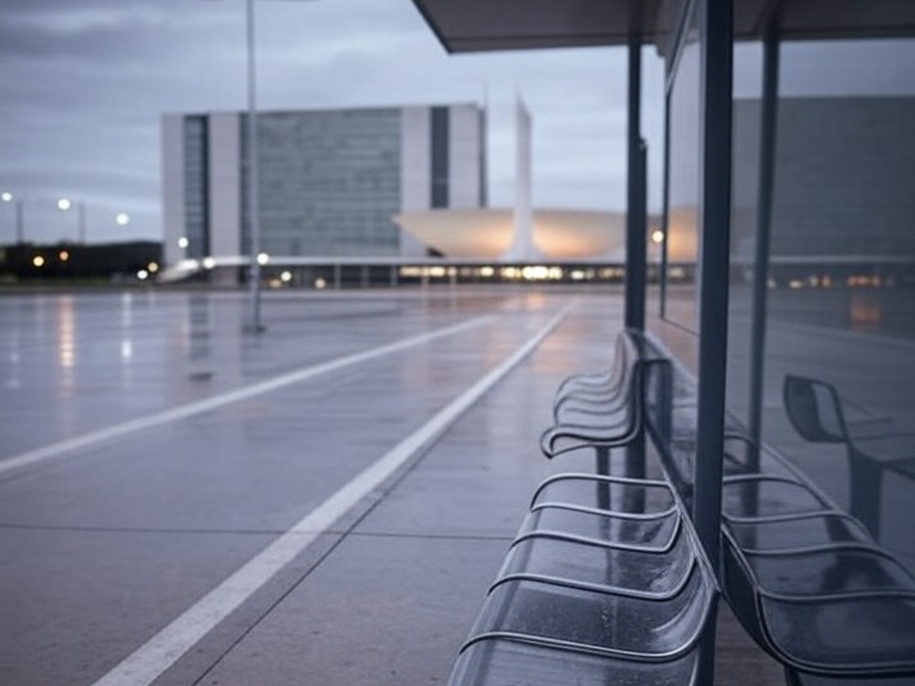 Parada de ônibus vazia em Brasília, DF, com arquitetura icônica ao fundo, representando cena de tragédia urbana.
