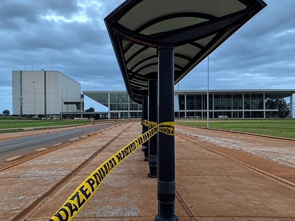 Parada de ônibus isolada com fita policial em Brasília, DF, representando cena de descoberta de corpo de professor.