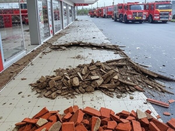 Foto de loja em Sobradinho 2, DF, com parede desabada e escombros, após incidente que deixou dois feridos leves.