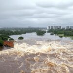 Represa do Descoberto transbordando, expondo riscos de inundações e vulnerabilidades hídricas no Distrito Federal.