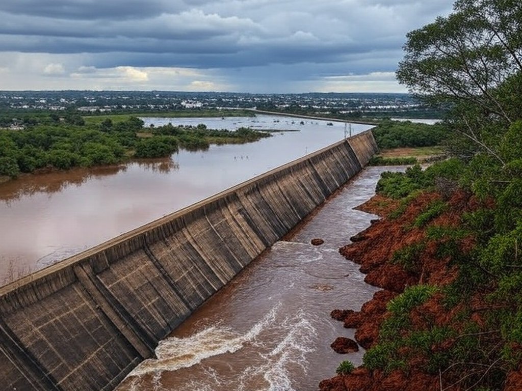 Reservatório do Descoberto transbordando, ameaçando inundações no DF, com barragem e paisagem do Cerrado.