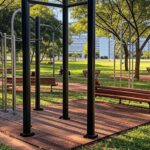 Parque em Brasília com equipamentos de ginástica, simbolizando saúde e lazer para idosos no Programa Viver 60+ no DF.