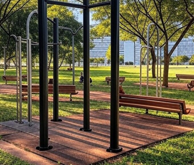 Parque em Brasília com equipamentos de ginástica, simbolizando saúde e lazer para idosos no Programa Viver 60+ no DF.