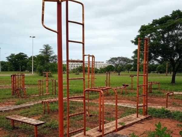 Academia ao ar livre para idosos negligenciada em parque de Brasília, com equipamentos enferrujados e abandonados.