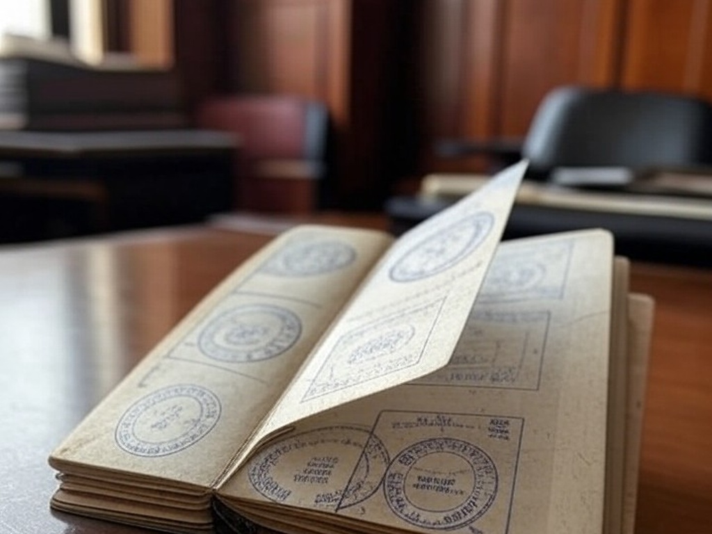 Passaporte brasileiro antigo com selos portugueses, simbolizando descoberta em Portugal gerando desconfiança.