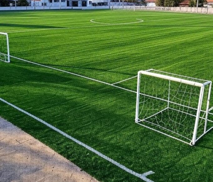 Campo de futebol sintético inaugurado na Vila Dnocs, Sobradinho, com gramado verde artificial e gols, em ambiente suburbano brasileiro.
