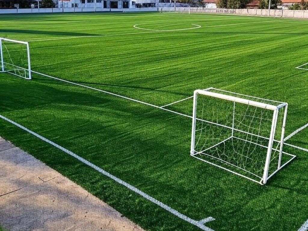 Campo de futebol sintético inaugurado na Vila Dnocs, Sobradinho, com gramado verde artificial e gols, em ambiente suburbano brasileiro.