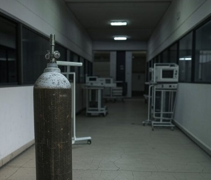 Cilindro de oxigênio em hospital público de Brasília, expondo falhas no sistema de saúde e atraso em desconto de energia para oxigenoterapia.