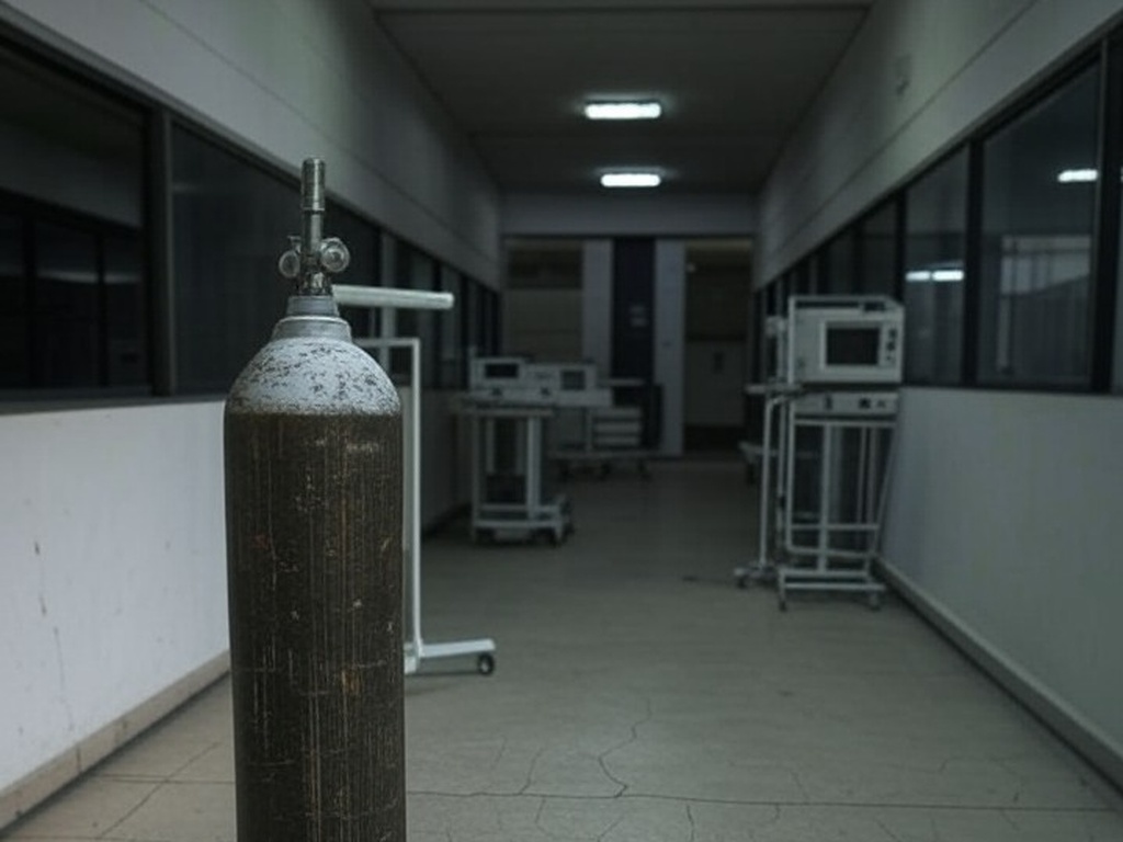 Cilindro de oxigênio em hospital público de Brasília, expondo falhas no sistema de saúde e atraso em desconto de energia para oxigenoterapia.
