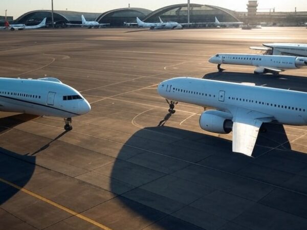 Vista do Aeroporto de Brasília, segundo mais pontual do mundo pela Cirium, com aviões e torre de controle.