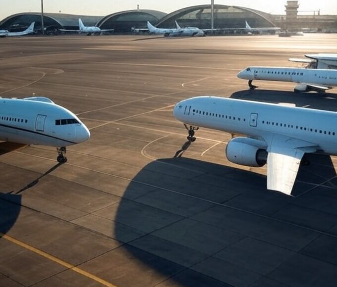 Vista do Aeroporto de Brasília, segundo mais pontual do mundo pela Cirium, com aviões e torre de controle.