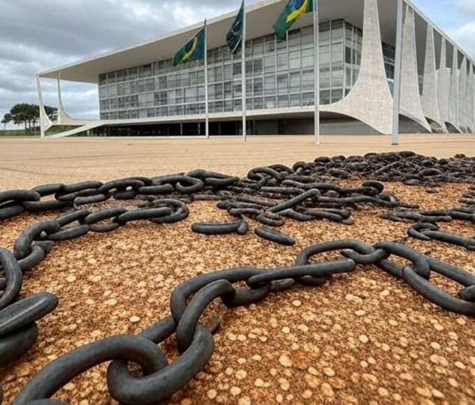 Edifício da CLDF em Brasília com correntes quebradas simbolizando lei contra trabalho escravo no DF.