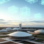 Vista panorâmica de Brasília com elementos de inovação em IA para negócios e democratização tecnológica no Distrito Federal.