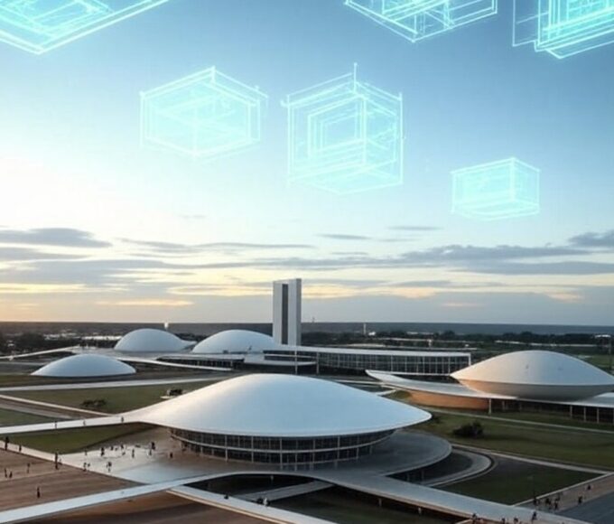 Vista panorâmica de Brasília com elementos de inovação em IA para negócios e democratização tecnológica no Distrito Federal.