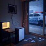 Viatura da Polícia Militar em frente a motel no Núcleo Bandeirante, Brasília, após tentativa de furto de TV e itens de frigobar.