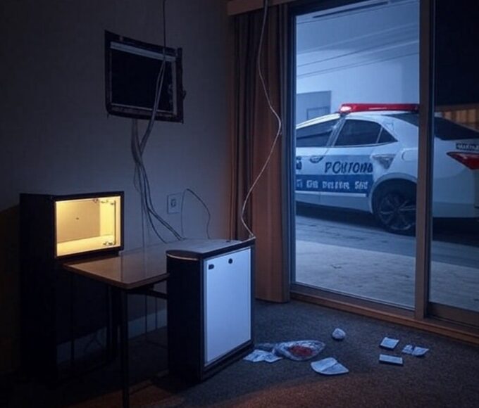 Viatura da Polícia Militar em frente a motel no Núcleo Bandeirante, Brasília, após tentativa de furto de TV e itens de frigobar.